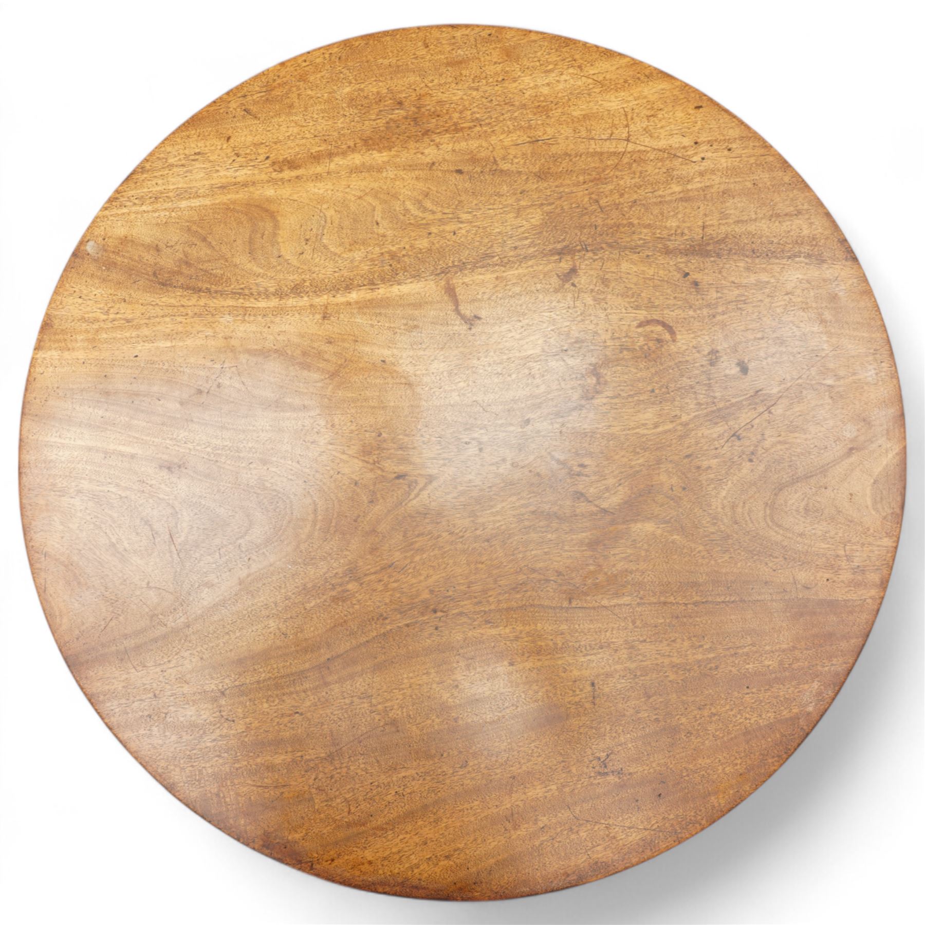George III mahogany tripod table, circular single piece mahogany tilt-top, turned pedestal on three out-splayed supports 