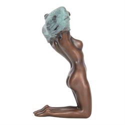 Bronze figure, modelled as a nude woman removing her shirt, signed Milo, H17cm