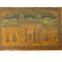 Indian box, painted with figures outside a palace gate, and with various animals 
