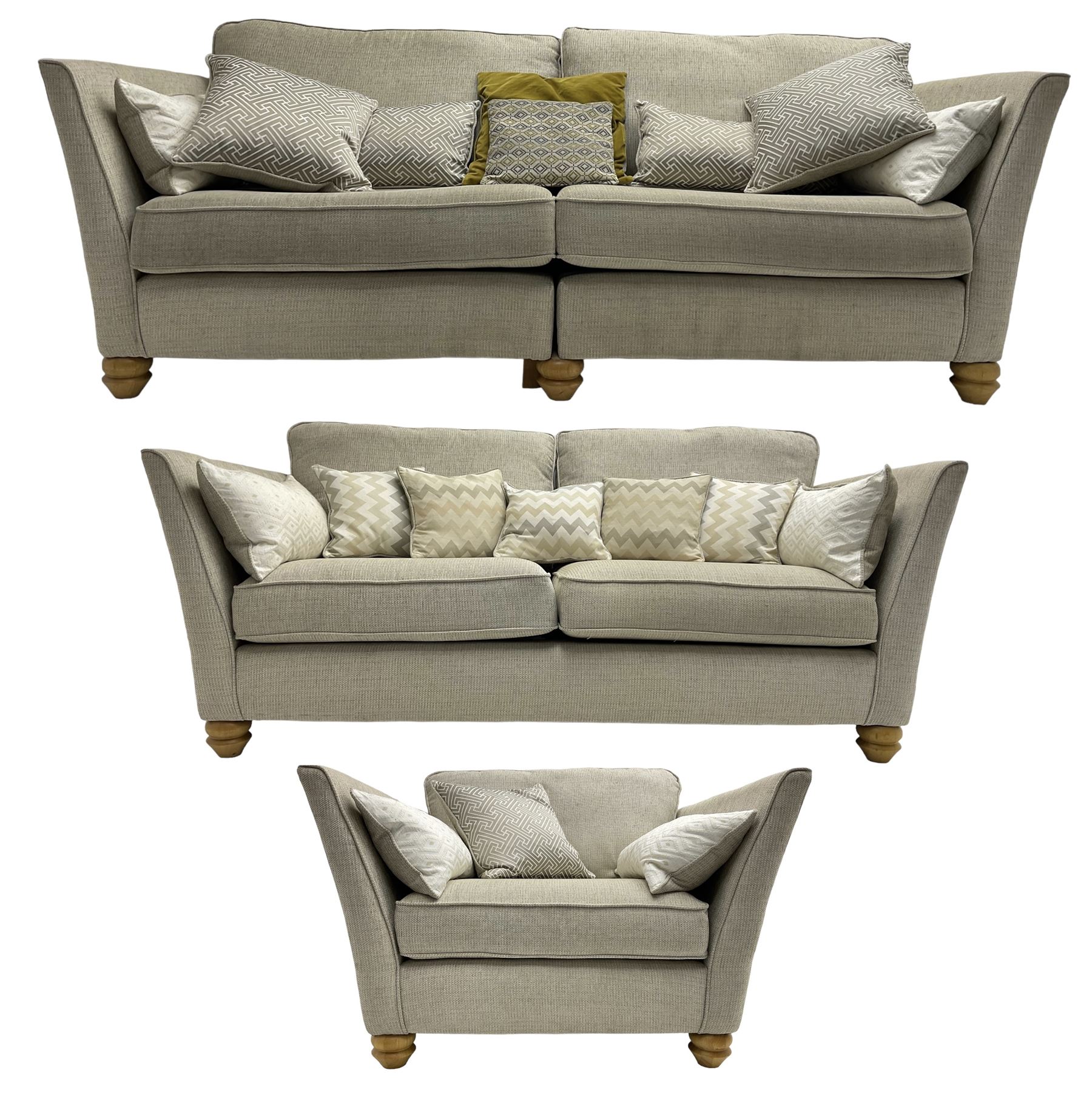 Oak Furnitureland - three-piece lounge suite upholstered in grey fabric, large three-seat sofa (W238cm, D106cm), two-seat sofa (W209cm), and snuggler sofa (W129cm)