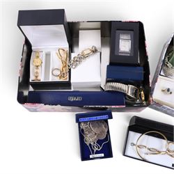 Silver jewellery, including locket, gate bracelet, St Christopher, silver-gilt hoops and bracelets and a collection of costume jewellery and wristwatches