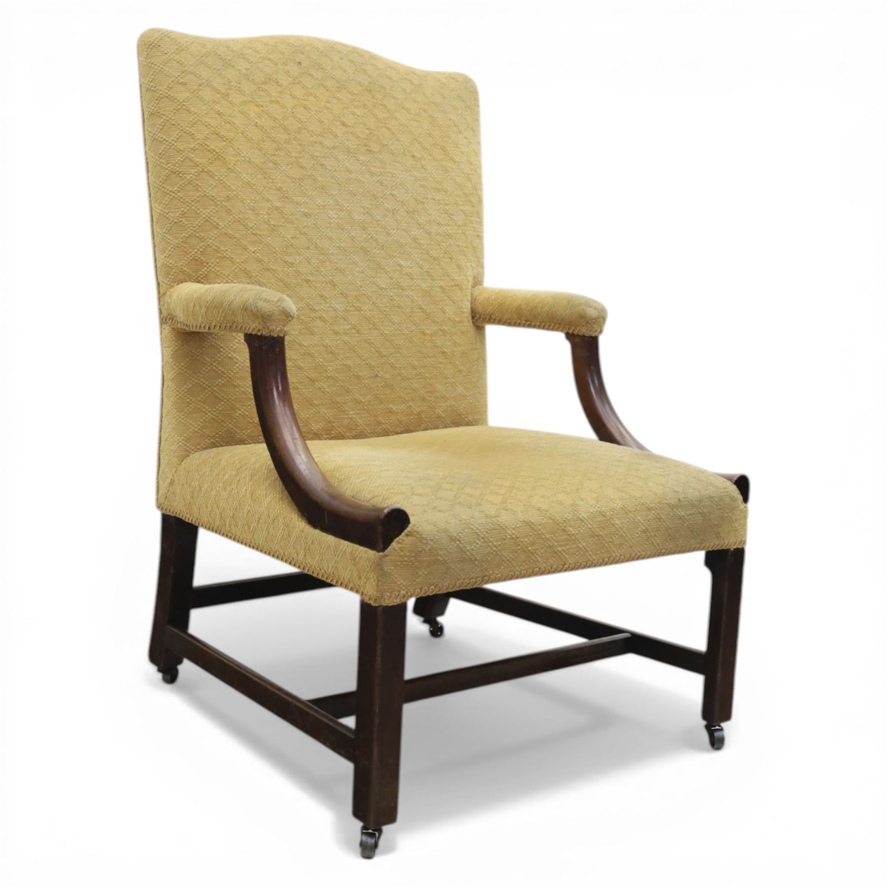 20th century Gainsborough style open armchair, upholstered in patterned fabric, the chair with shaped padded back and scroll arms on moulded frame