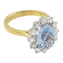 18ct gold oval aquamarine and round brilliant cut diamond cluster ring, hallmarked, aquamarine approx 2.45 carat, total diamond weight approx 0.80 carat