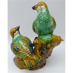  20th century Majolica model of two birds perched on a branch, H30cm   