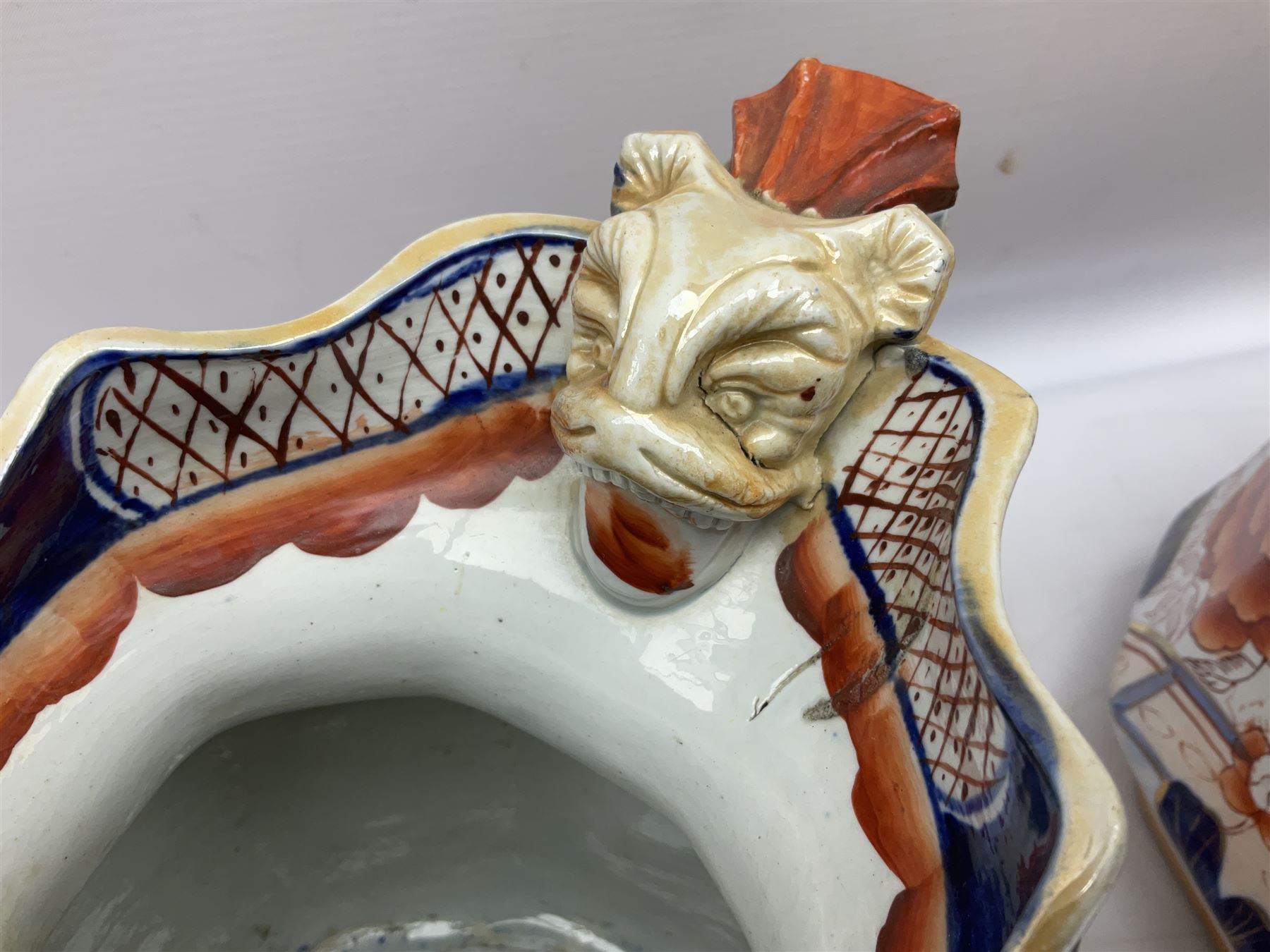 19th century ironstone wash jug and bowl set decorated in the Imari palette, together with two further smaller ironstone jugs similarly decorated, bowl D35cm