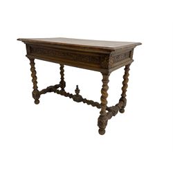 Early 20th century carved oak side table, the rectangular top with cross section inlay, frieze carved with foliate decoration, raised on spiral turned supports united by barley-twist stretcher with finial