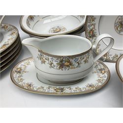 Noritake Ireland tea and dinner wears, comprising of teapot, milk jug, covered sucrier, seven teacups and saucers, seven dessert plates, six dinner plates, seven side plates, five bowls two serving dishes, one lidded tureen and a gravy boat and dish