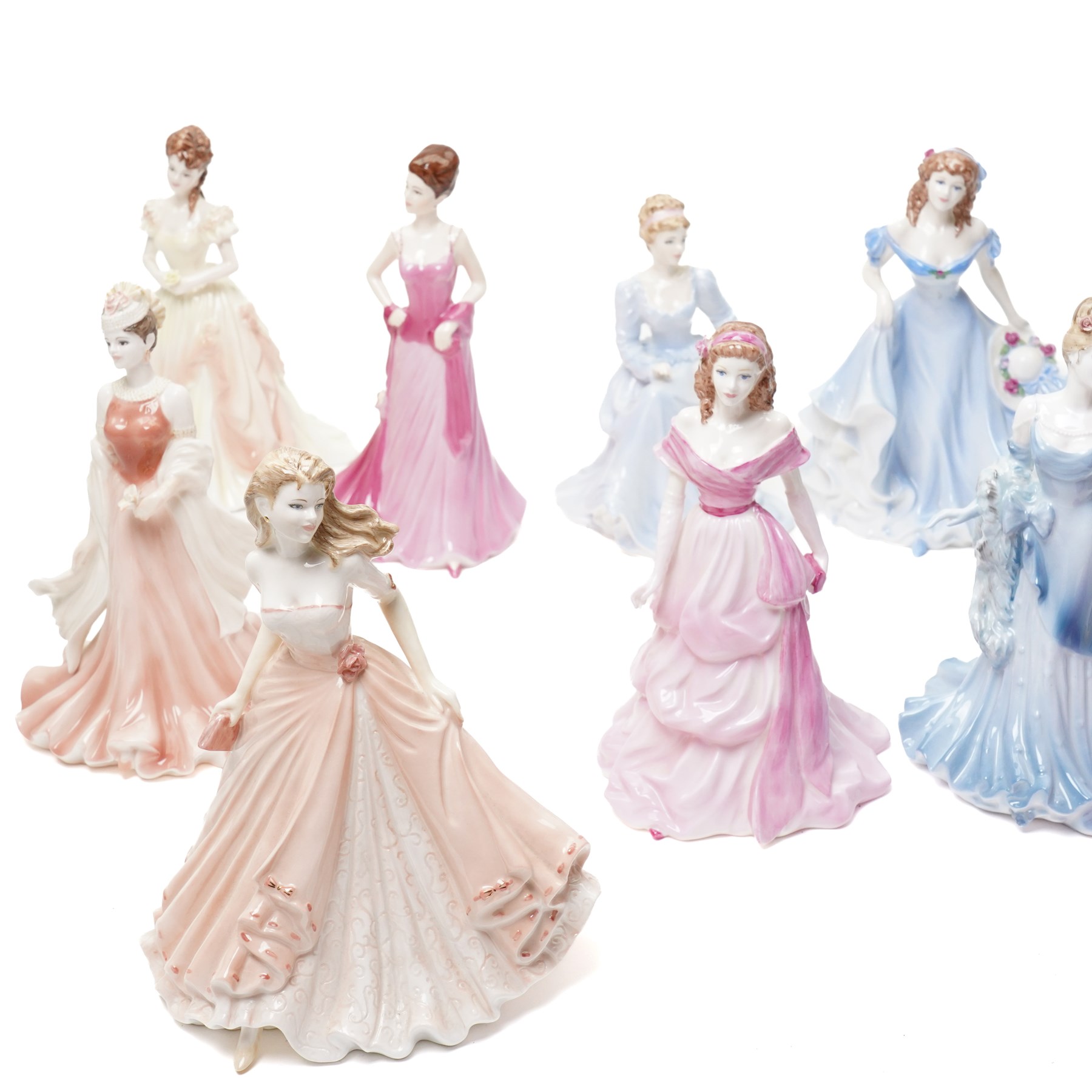 Twelve Coalport figures, comprising Alison, Pamela, Congratulations, Victoria, Sue, Beverley, Debbie, Karen, Christina, Felicity, Anna, and Elizabeth, all boxed (12)