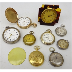  A.W.W. Co. Waltham Mass gold plated full hunter pocket watch, Harris Stone silver pocket watch, 19th century ladies silver cased open face pocket watches, simulated tortoiseshell alarm clock etc   