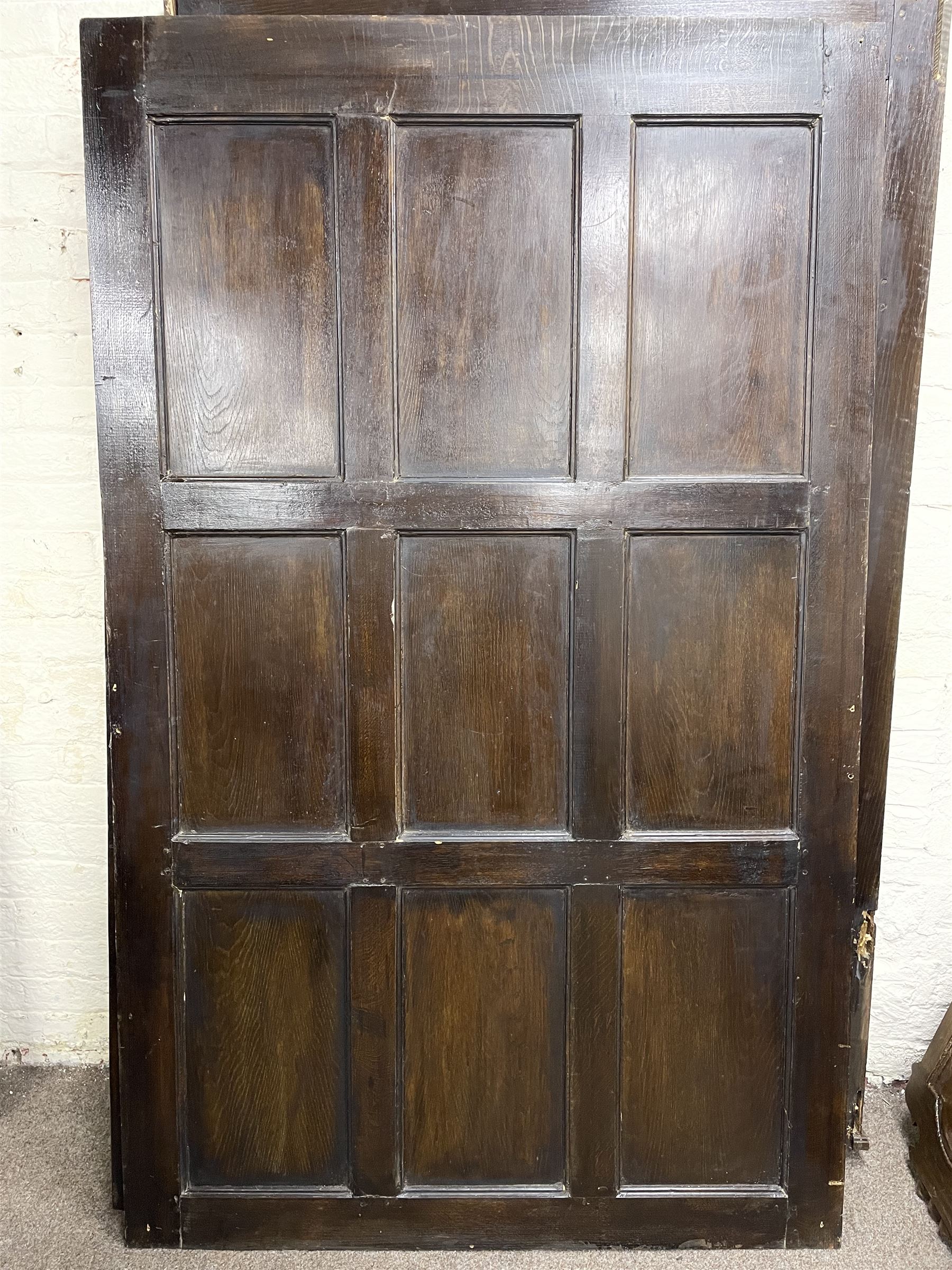 17th century style oak 4' four poster bed, high panelled back with projecting canopy cornice and panelled roof, turned posts with panelled front