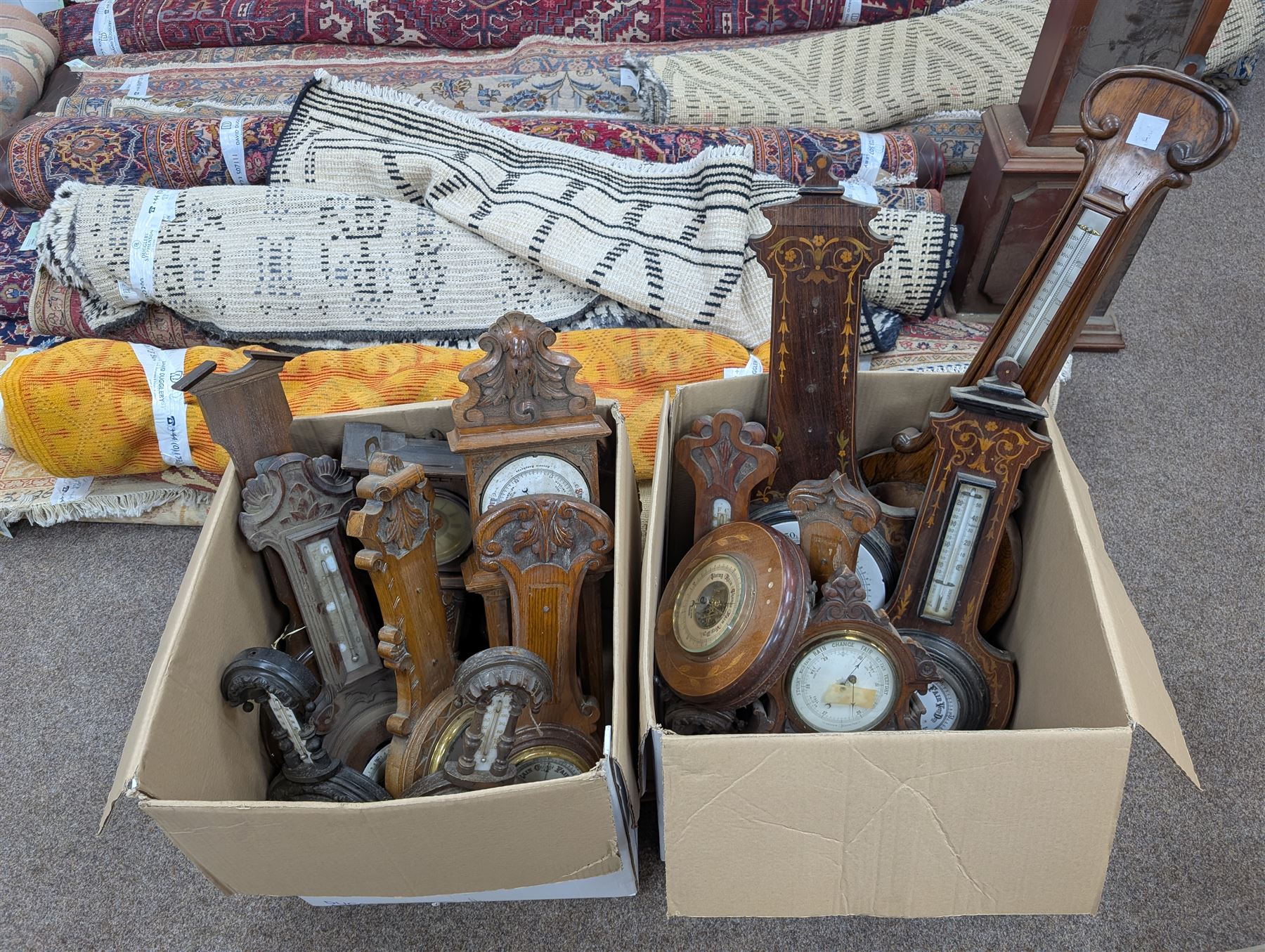 Collection of barometers and barometer parts, in two boxes