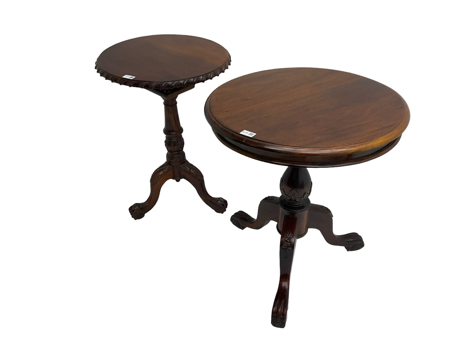 Georgian design mahogany pedestal occasional table, carved edge over birdcage action support, tripod base with acanthus leaf decoration and ball and claw feet (W50cm H70cm); Georgian design occasional table, circular top over vasiform pedestal with tripod base (W59cm H70cm)