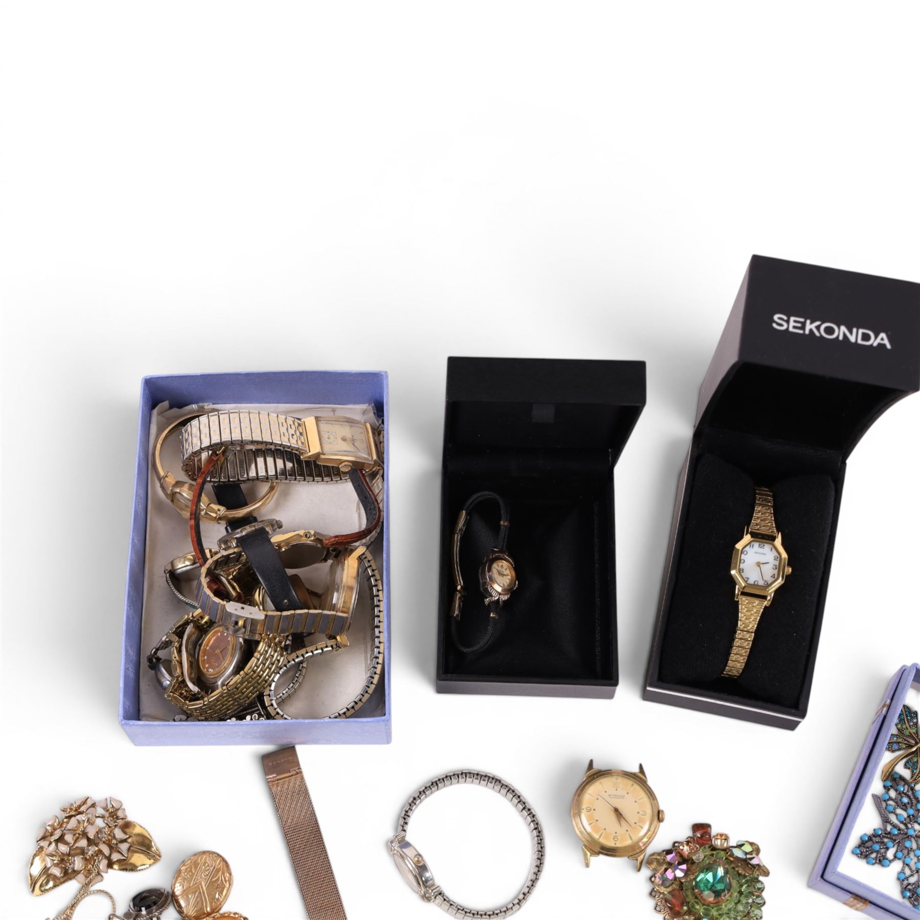Collection of wristwatches and costume jewellery, including gold filled Bulova, Raymond Weil etc
