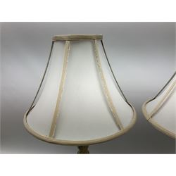 Pair of table lamps of column form, in a crackle finish with floral detail, together with matching lampshades, H70cm