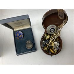 Pipe with hallmarked silver collar, Queen Elizabeth II Golden Jubilee Collection presentation box, quantity of costume jewellery to include necklaces, cufflinks, earrings etc, watch faces, various cases, silver plated and other metalware etc