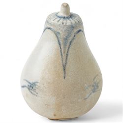 Mid to late 15th century Vietnamese blue and white stoneware water dropper, from the Hoi An Hoard, in the form of an aubergine, Robert McPherson stickers to base, H6.5cm 