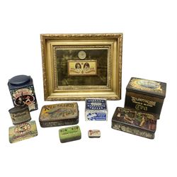 Quantity of vintage tins to include framed 1902 Coronation example with medallion in one box