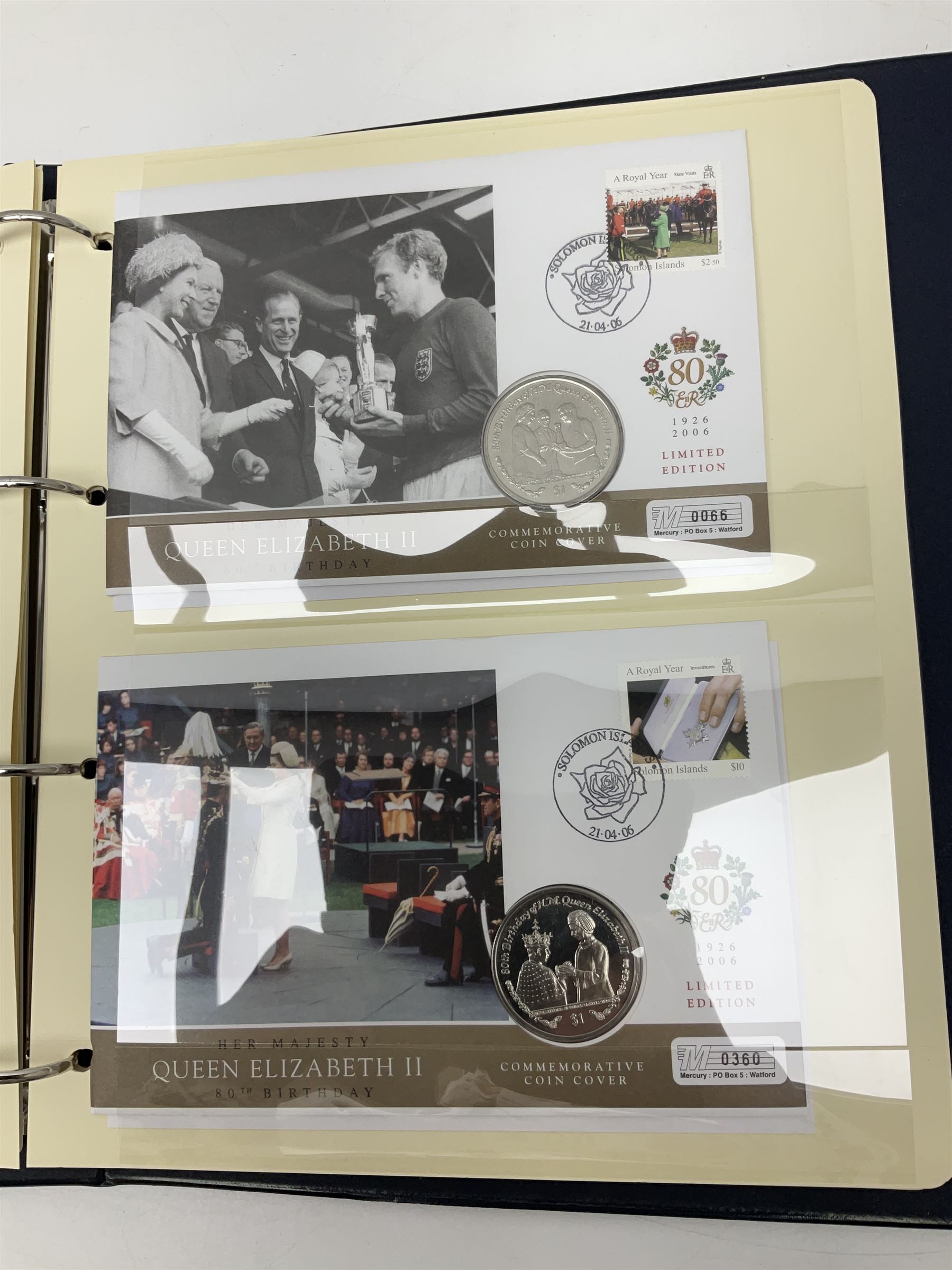 Stamp and coin covers, including 2006 'Her Majesty Queen Elizabeth II 80th Birthday' containing five pounds coin, first day covers relating to Diana Princess of Wales etc, housed in a ring binder folder