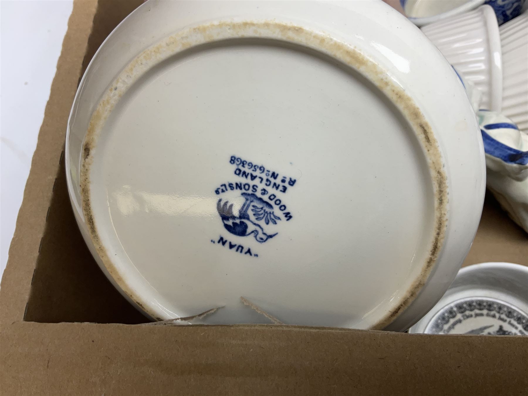 Large collection of blue and white ceramics, to include Spode Italian pattern with blue mark, Wood and Sons Yuan, pickle dish, Delft style etc, dinner plates, tea wares, bowls etc in six boxes