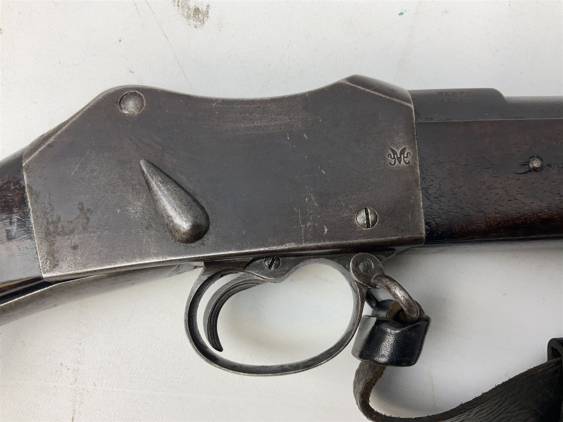 Braendlin Armoury Martini action .577/450 falling back rifle, the 85cm rifled barrel stamped Alex. Henry Edinburgh & London with two barrel bands including Yatagan bayonet side fitting and clearing rod under, with leather sling, serial no.13332, L126cm (NB. Firing pin broken). 