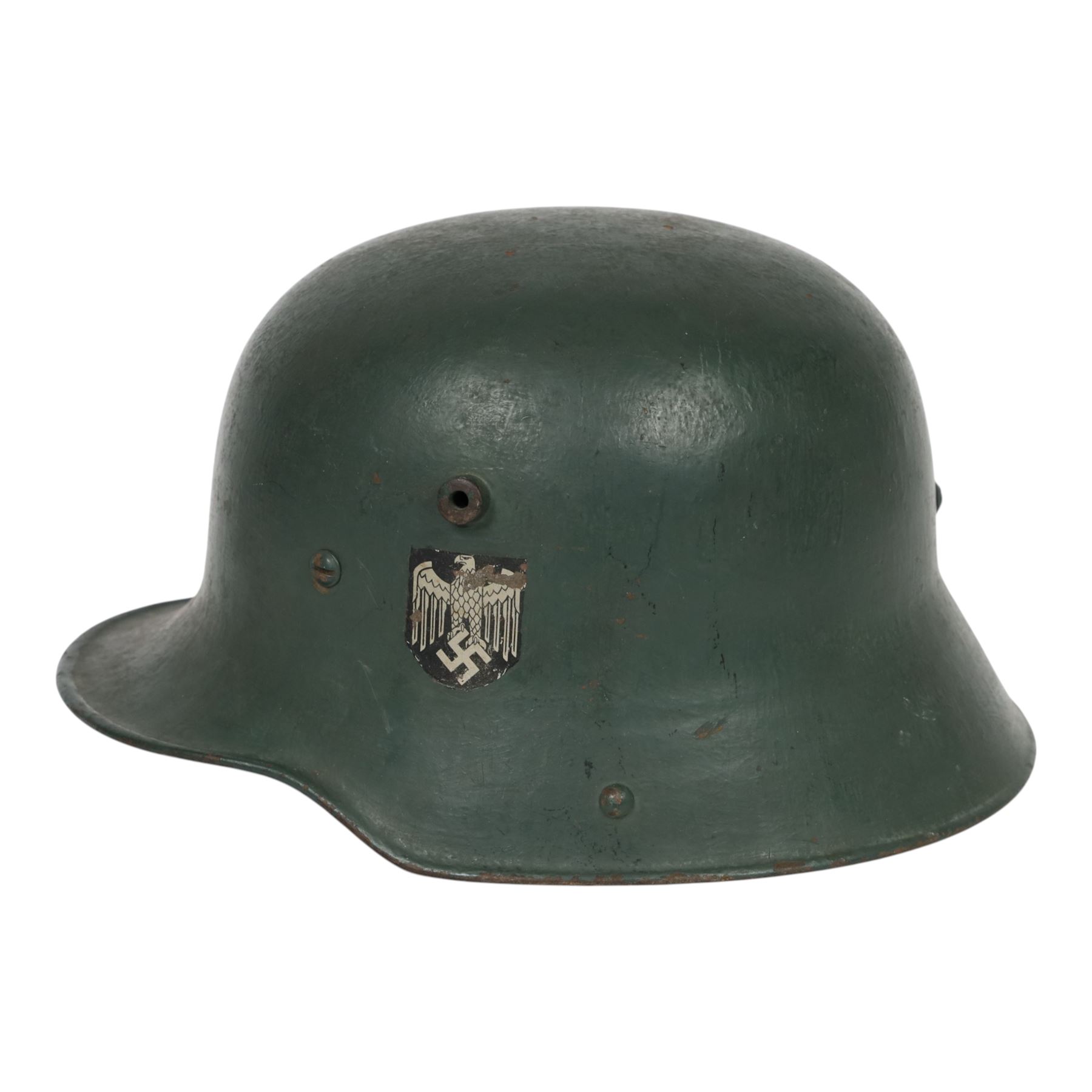 German double decal  M16 helmet with tricolour decal to the right and army eagle to the left, with leather lining and strap 