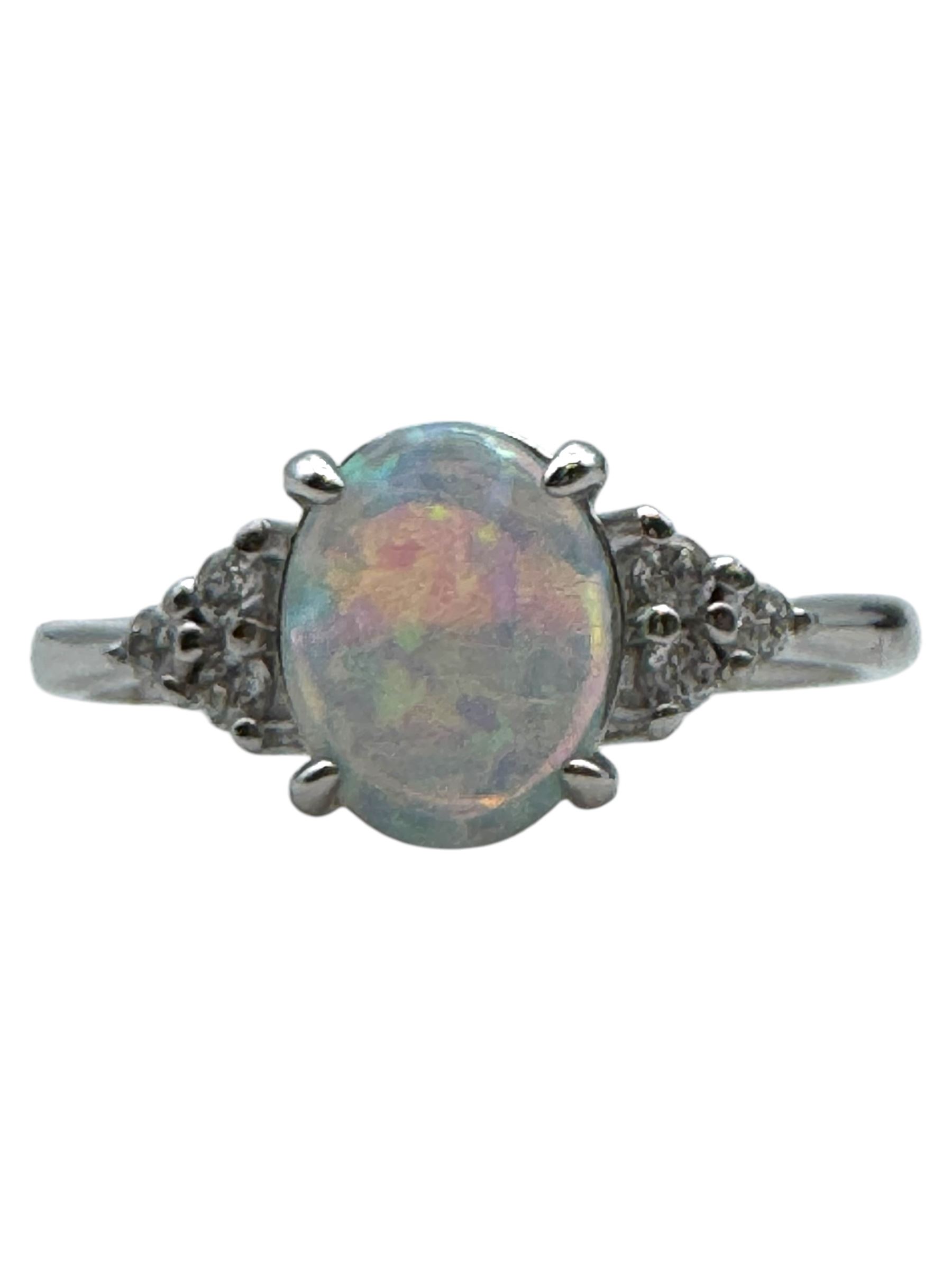 Silver cubic zirconia and opal cluster ring, boxed