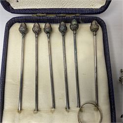 Set of six silver plated cocktail sticks, with acorn finials, hallmarked silver christening cup, silver ring and earrings and a costume jewellery cameo bracelet 