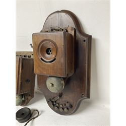 Two Hunningscone patent wall mounting telephones in walnut casing, together with Sterling Telephone & Electric Co. Ltd early wall-mounted telephone 'Primax' and one other 