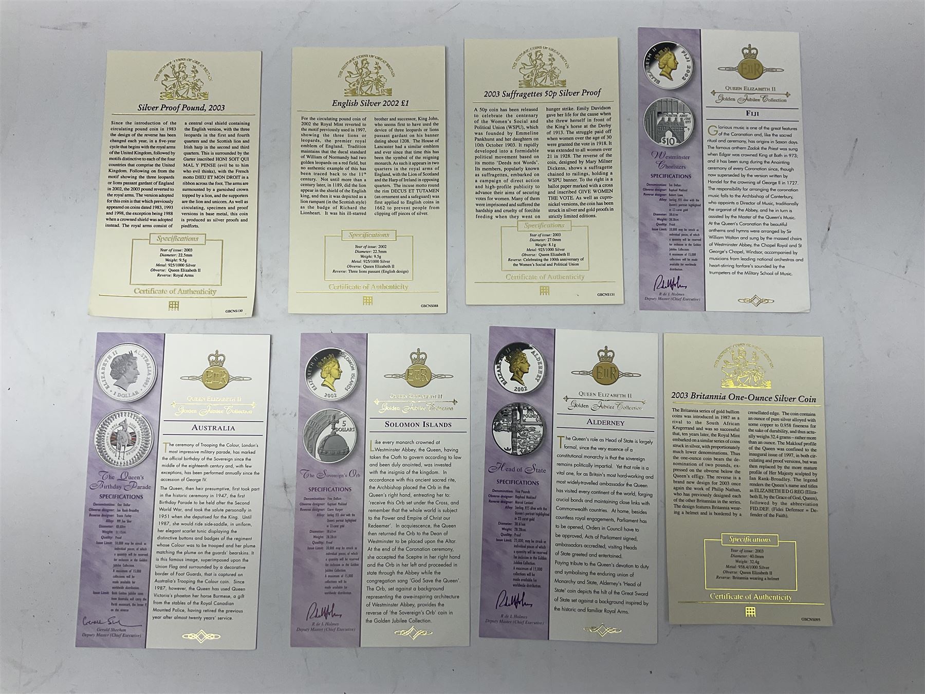 Thirteen silver coins, including Queen Elizabeth II Solomon Islands 2002 sterling silver five dollars, Alderney 2002 sterling silver five pounds, Fiji 2002 sterling silver ten dollars, United Kingdom 2003 one ounce fine silver Britannia, 2003 'Give Women The Vote' fifty pence etc, all with some form of certificate