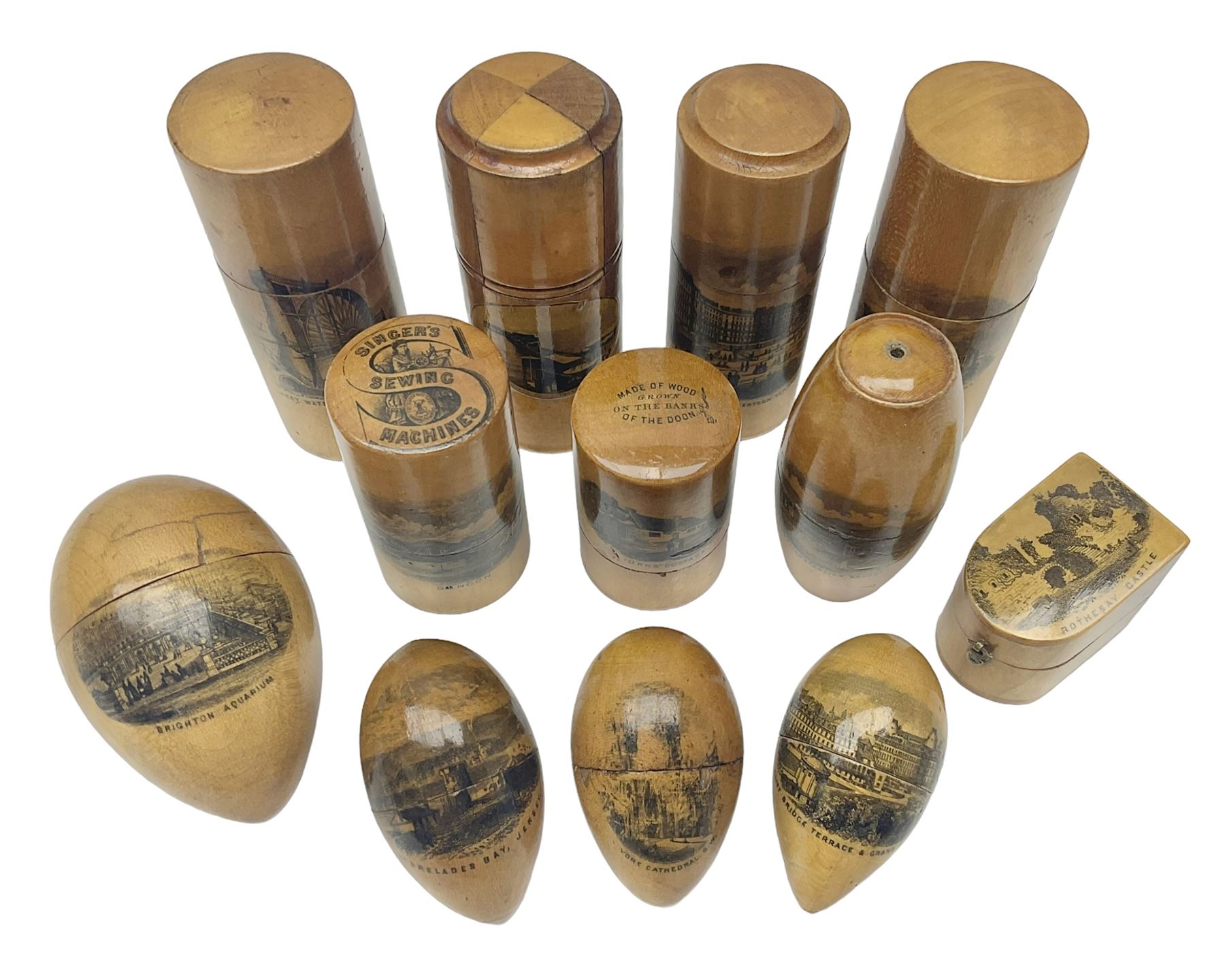 Collection of Mauchline ware relating to sewing, to include four ovoid shaped thimble cases, hinged lid thimble case and needle cases (12) 