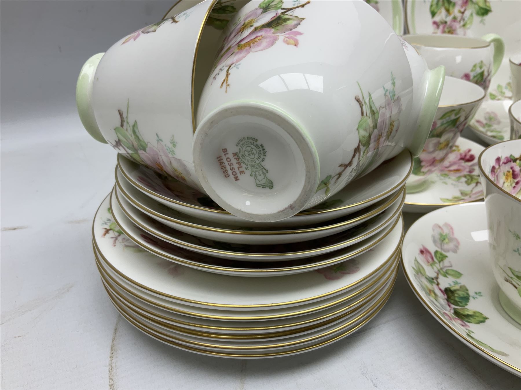 Royal Doulton Apple Blossom pattern tea service for twelve, comprising twelve saucers, twelve tea plates, twelve teacups, milk jug, sucrier and two cake plates
