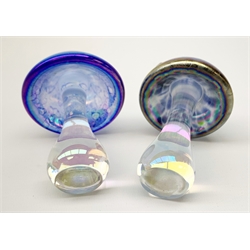 A John Ditchfield Glasform mushroom, in irridescent blue surmounted with a frog, H10.5cm, together with another similar John Ditchfield example. 