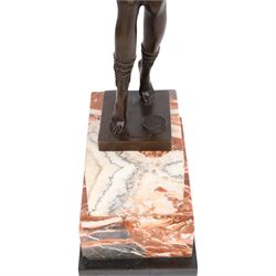 After Demétre Haralamb Chiparus (Romanian 1886-1947): Art Deco style bronze figure modelled as a dancer with outstretched arms, signed to the stepped bronze base and also bearing foundry stamp, upon a tapering marble plinth, overall H49cm
