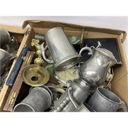 Collection of metalware to include flatware with silver ferrules, tankards goblets etc  in two boxes 
