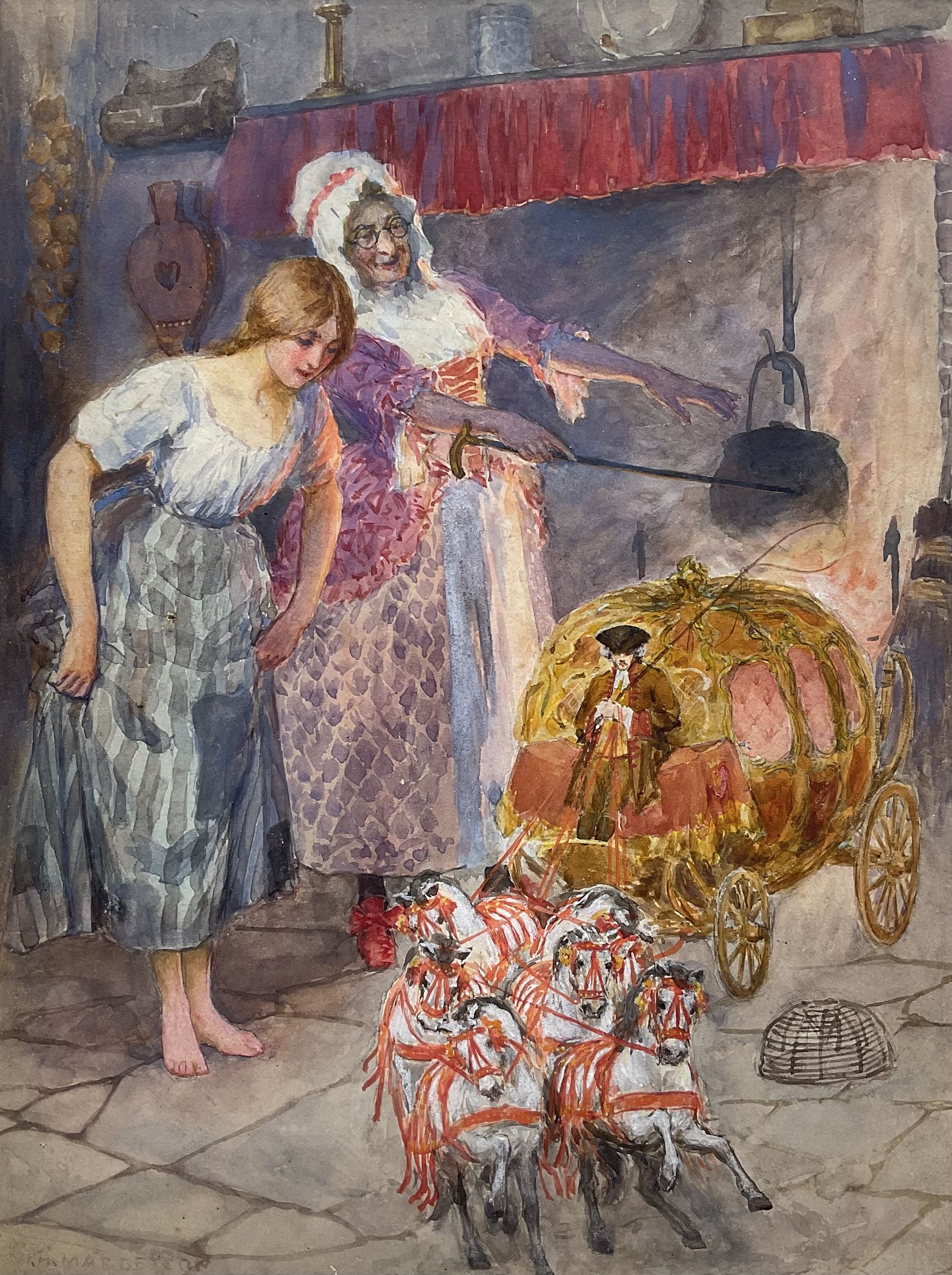William Henry Margetson (British 1861-1940): Cinderella and the Fairy Godmother, original watercolour and gouache book illustration signed 29cm x 22cm, together with 'Stories from Grimm' illustrated Edwardian book pub. Thomas Nelson and Sons (2)