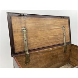 19th century camphor wood and mahogany silver chest, the hinged banded top with circular brass mounts which secure the interior strap hinges, fretwork metal strapping to the corners, on stand with plain frieze and acanthus carved cabriole ball and claw feet