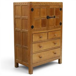 Mouseman - mid-20th century adzed and panelled oak tallboy chest, arcade carved cresting r...