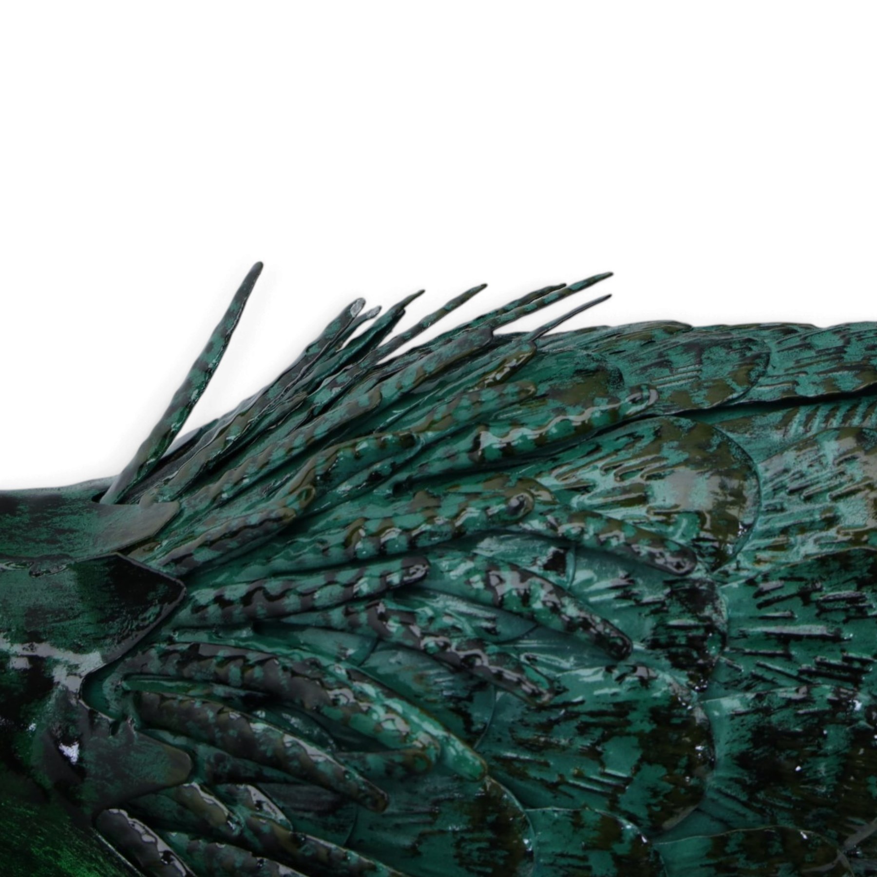 Pair of metal herons, in green and silver tones, with heads raised, H94cm