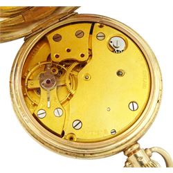 9ct gold open face keyless lever presentation pocket watch by J W Benson, London, white enamel dial with Roman numeral hour markers and subsidiary seconds dial, case by Dennison, Birmingham 1956, in early 20th century silver mounted tooled leather case by S Blanckensee & Son Ltd, Birmingham 1907