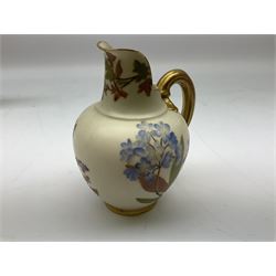 Royal Worcester blush ivory jug of squat lobed form painted with floral sprays,  No. 1094, Rd. No. 29115, together with two Royal Worcester leaf moulded blush ivory jugs each decorated with hand painted floral sprays, all with printed mark beneath