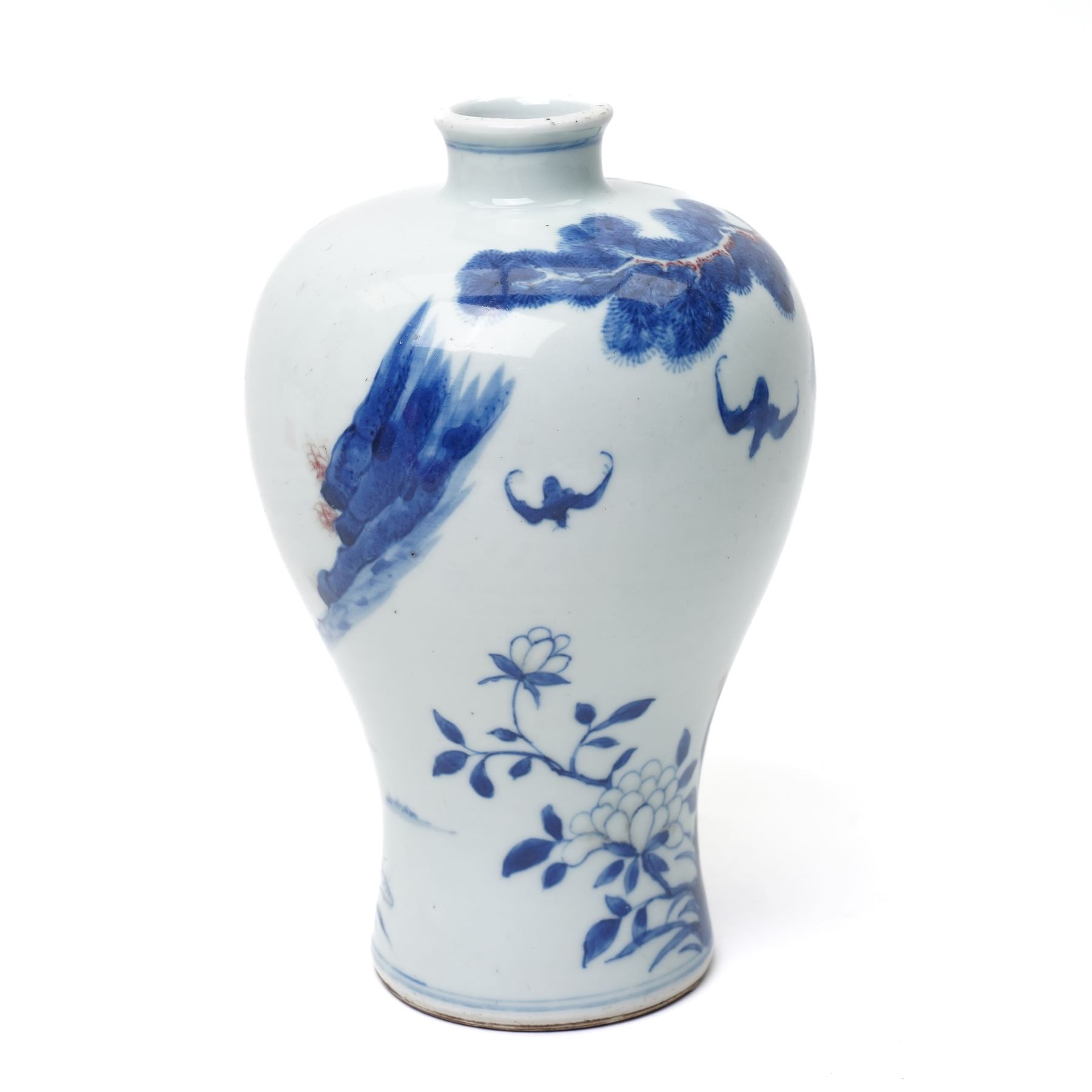 18th century Chinese blue and white meiping vase, decorated in blue and white with deer in a landscape, unmarked, H20cm