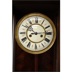  Victorian walnut Vienna style wall clock, Roman dial with twin train movement and brass pendulum,   