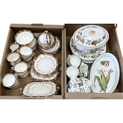 Royal Worcester ‘Evesham’ pattern tureen and two serving dishes, Wedgwood tea wares decorated with floral sprays comprising dinner plates, teacups, saucers, side plates, milk jug and sugar bowl for six, and a Gladstone China tea wares