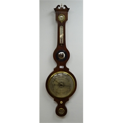  Early 19th century inlaid mahogany wheel barometer signed Jas. Usher Lincoln, with swan neck pediment above Dry/Damp, mirror, and level dials, H111cm  