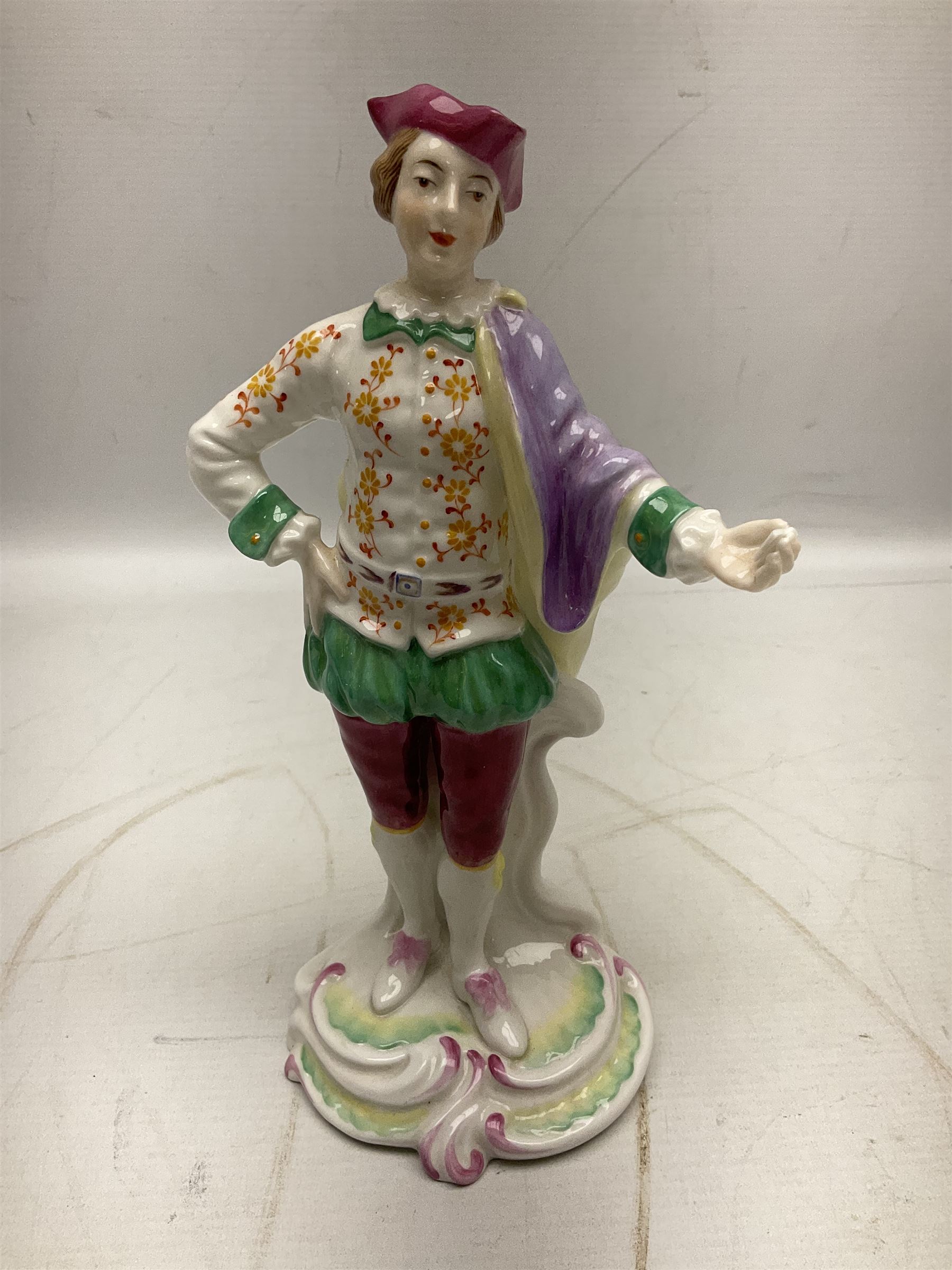 Seven Spode Chelsea figures, comprising no.1, no.2, no.3, no.4, no.6 and two further smaller examples, together with a Dresden figure of a gentleman, no. K10003, and a Delft style figure of a boy, some with boxes, tallest H23cm (9)