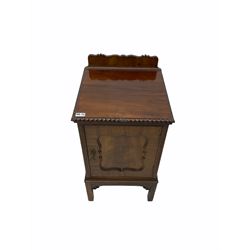 Early 20th century mahogany bedroom suite - dressing table (W122cm, H161cm, D56cm), chest (W107cm, H125cm, D51cm), and bedside cupboard (W44cm, H80cm, D44cm)