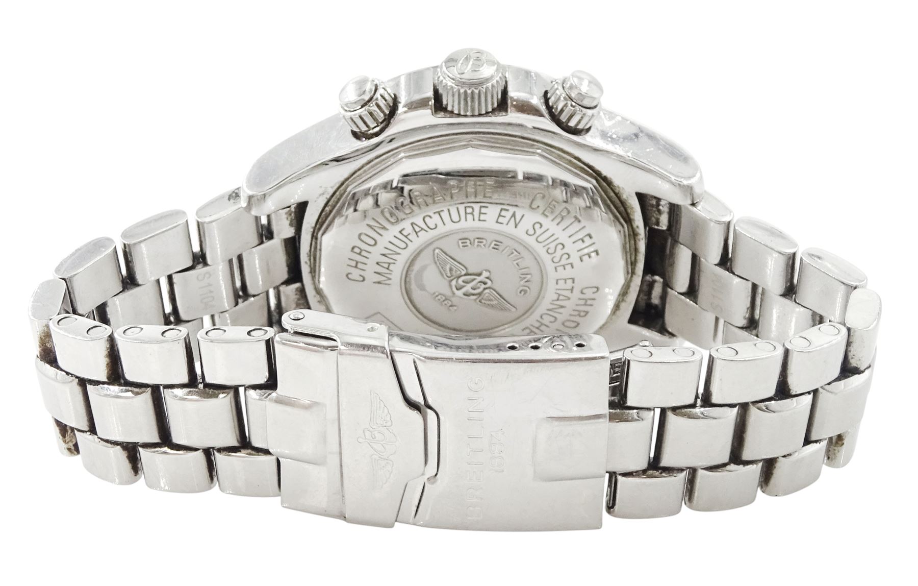 Breitling Superocean gentleman's automatic chronograph wristwatch, Ref. A133340, silvered dial with blue subsidiary seconds dials, on original stainless steel bracelet, with fold-over clasp, boxed with additional links and warranty card dated 2009