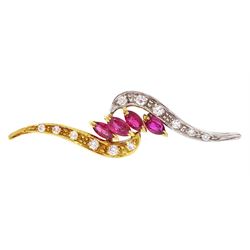 18ct gold marquise cut ruby and round brilliant cut diamond brooch, London 1981, total ruby weight approx 0.80 carat, total diamond weight approx 0.25 carat
