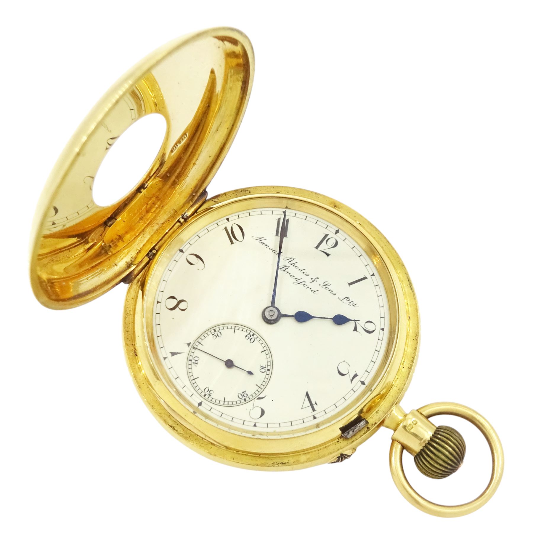 Edwardian 18ct gold half hunter keyless lever presentation pocket watch by Manoah Rhodes & Sons, Bradford, No. 16317, white enamel dial with Arabic hour markers and subsidiary seconds dial, back case monogrammed with initials, markers mark JG, London 1907, in original silk and velvet lined case