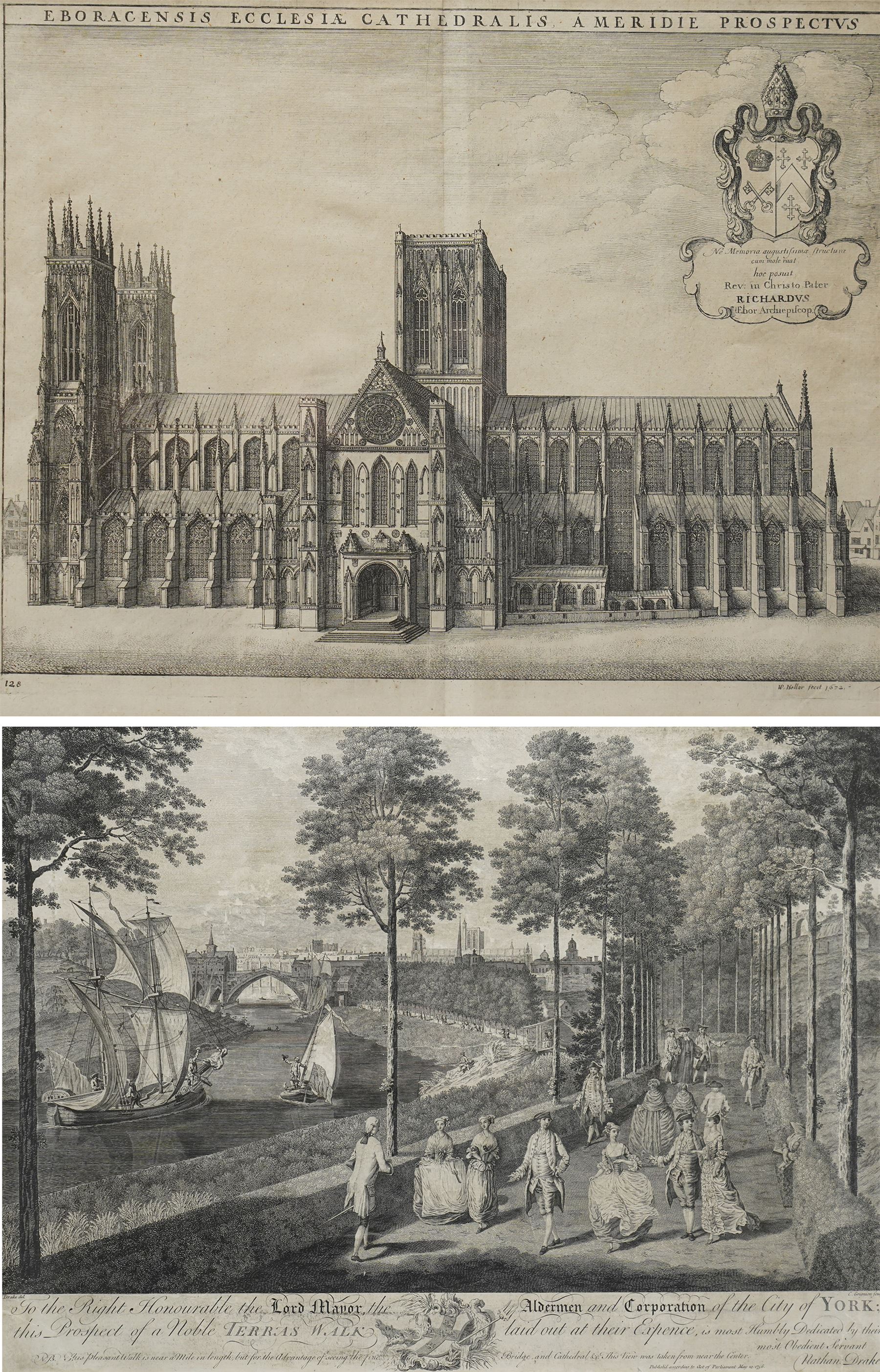 Charles Grignion the Elder (British 1721-1810) after Nathan Drake (British 1728-1778): 'Terras Walk - York', rare 18th century engraving pub. 1756, 44cm x 60cm; Wenceslaus (Wenzel) Hollar (Czech 1607-1677): 'Eboracensis Ecclesiae Cathedralis Ameridie Prospectus' - The York Minster, 17th century engraving pub. c.1672, 28cm x 35cm (2) 